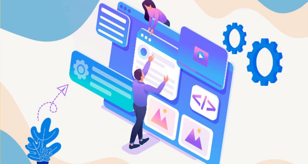 Web development. Project team of engineers for website create. Webpage building. UI UX design. Characters on a concept. Web agency. Template for programmer or designer. Vector illustration